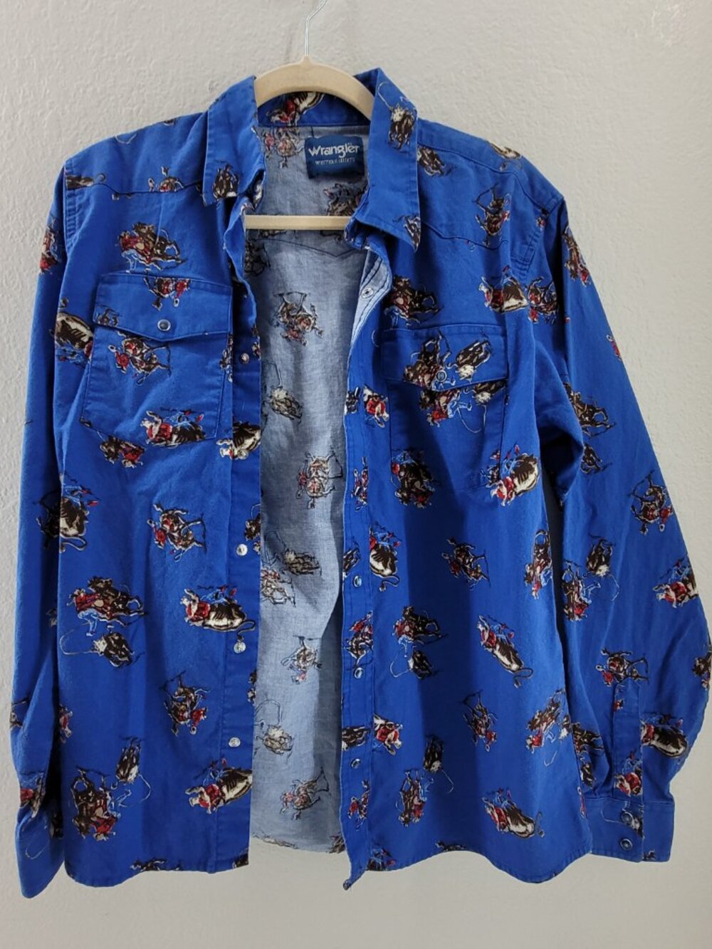 Vintage Wrangler Western Shirt Boys XL Blue Pearl Snap Cowboy Horse Roping Youth - Picture 5 of 16